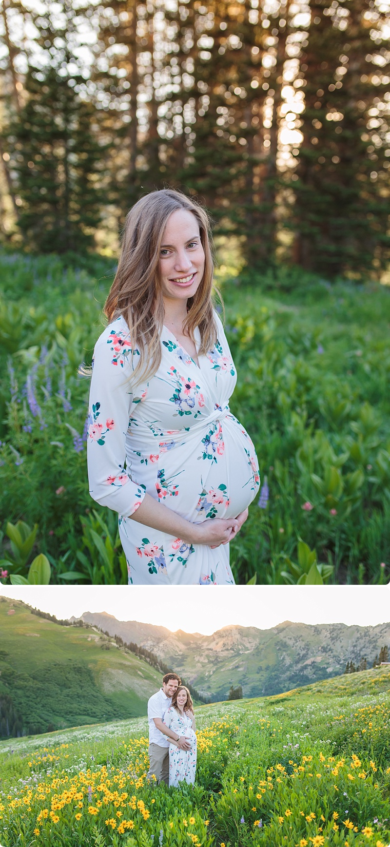 Albion Basin, wildflowers, Wasatch mountains, Summer time, sunset, golden hour, maternity session, maternity photographer