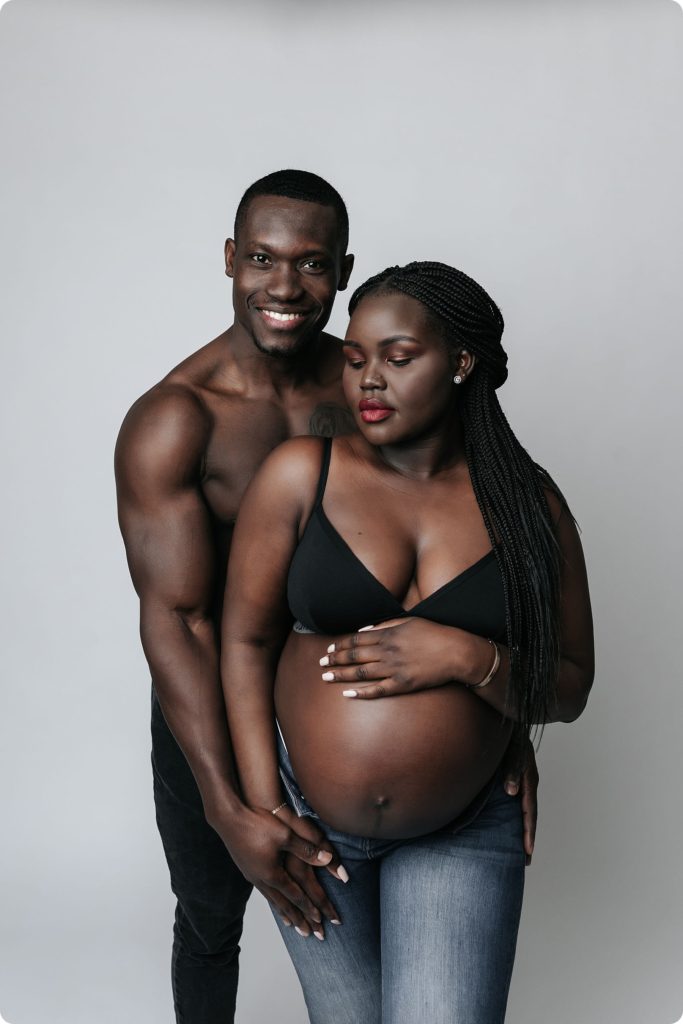 studio maternity portraits with black bra and jeans by Beka Price Photography