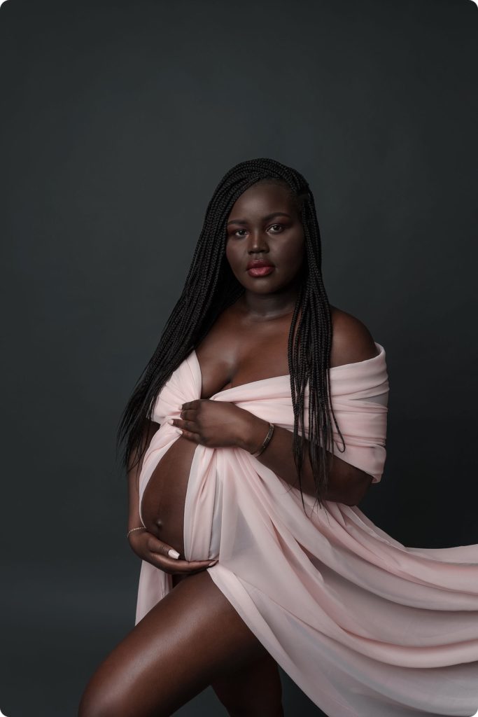 studio maternity portraits with pink gown by Beka Price Photography