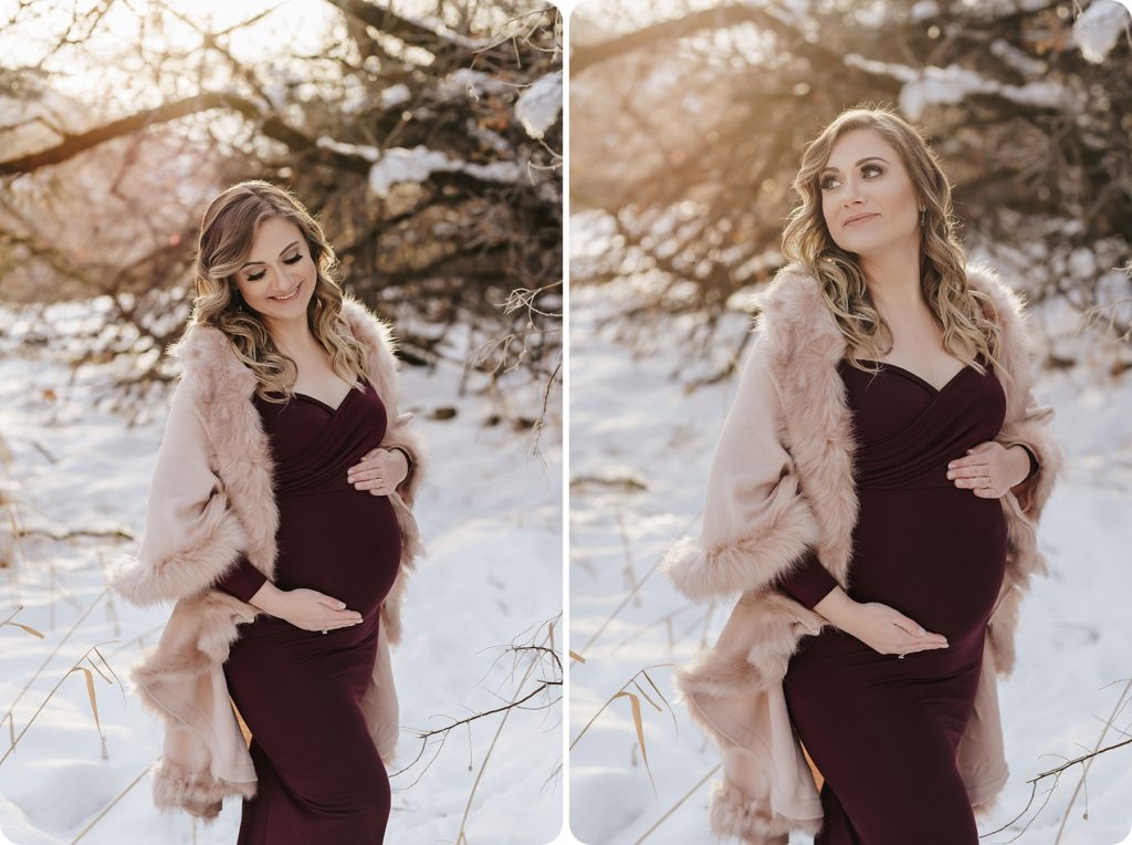 maternity portraits in red gown with pink coat