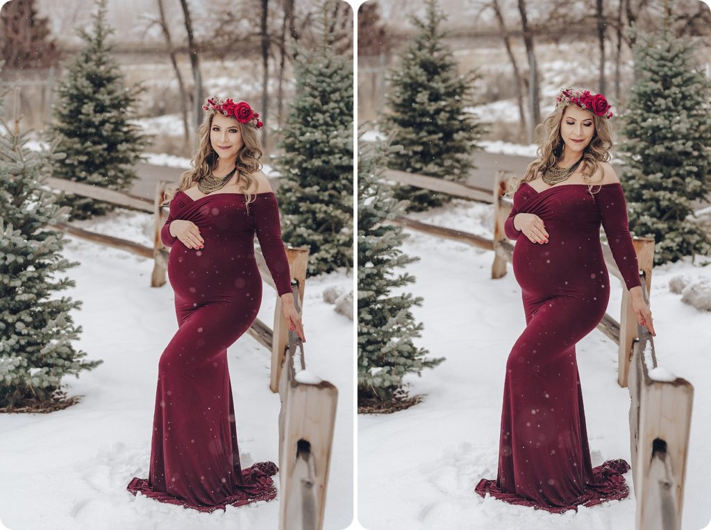 Winter maternity portraits with floral crown with Beka Price Photography