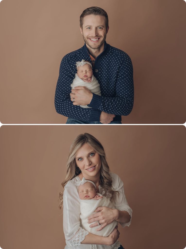 mom and dad hold baby girl during pastel newborn session with Beka Price Photography
