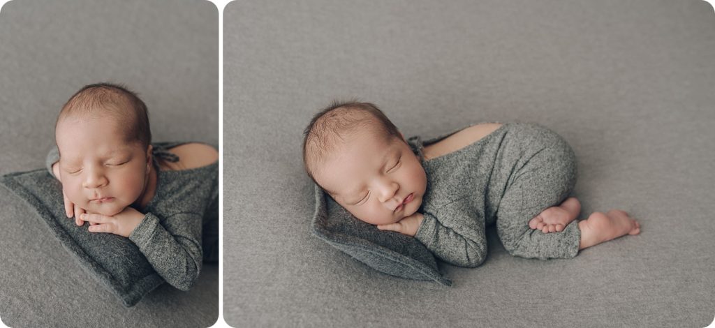 newborn baby boy sleeps in grey outfit during portraits with Beka Price Photography