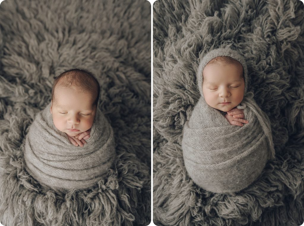 classic newborn portraits with grey wrap and floki photographed by Beka Price Photography