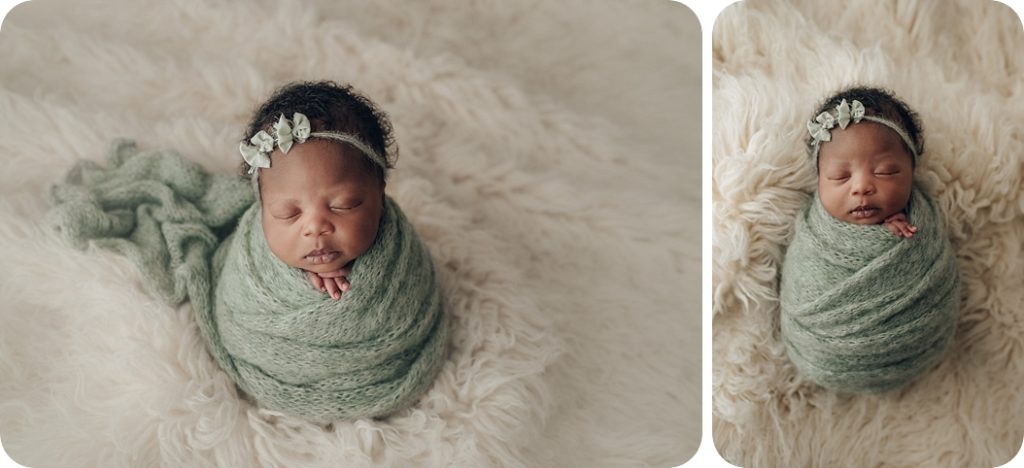 newborn baby girl in green wrap on white floki photographed by Beka Price Photography
