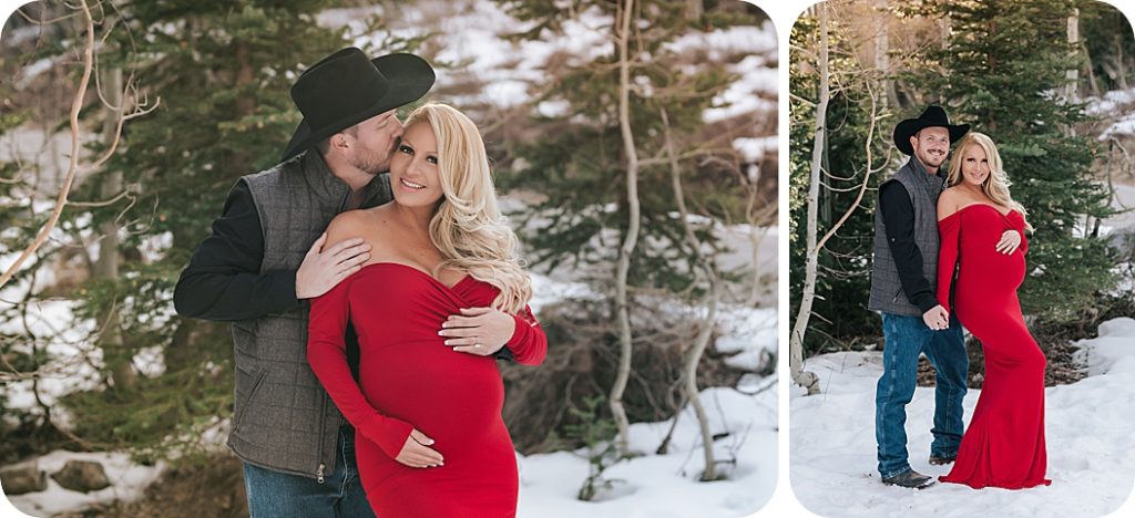 parents to be pose in snow at Salt Lake City maternity session with maternity session in the snow with Beka Price Photography