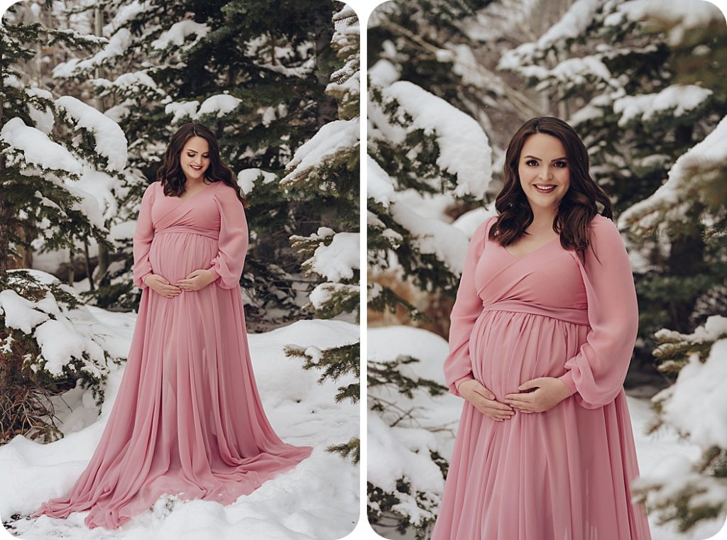 maternity session in the snow with pink gown photographed by Beka Price Photography