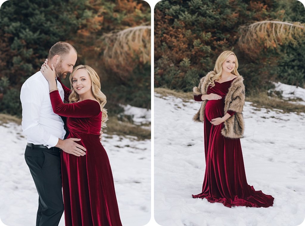mother to be in red velvet maternity gown poses for Beka Price Photography