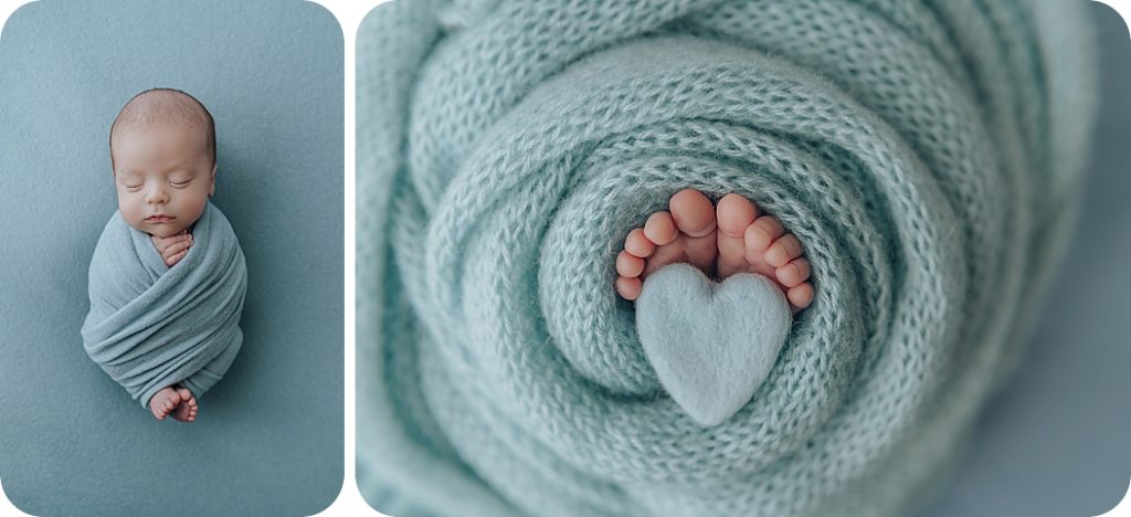 newborn baby boy holds blue heart on feet photographed by Beka Price Photography