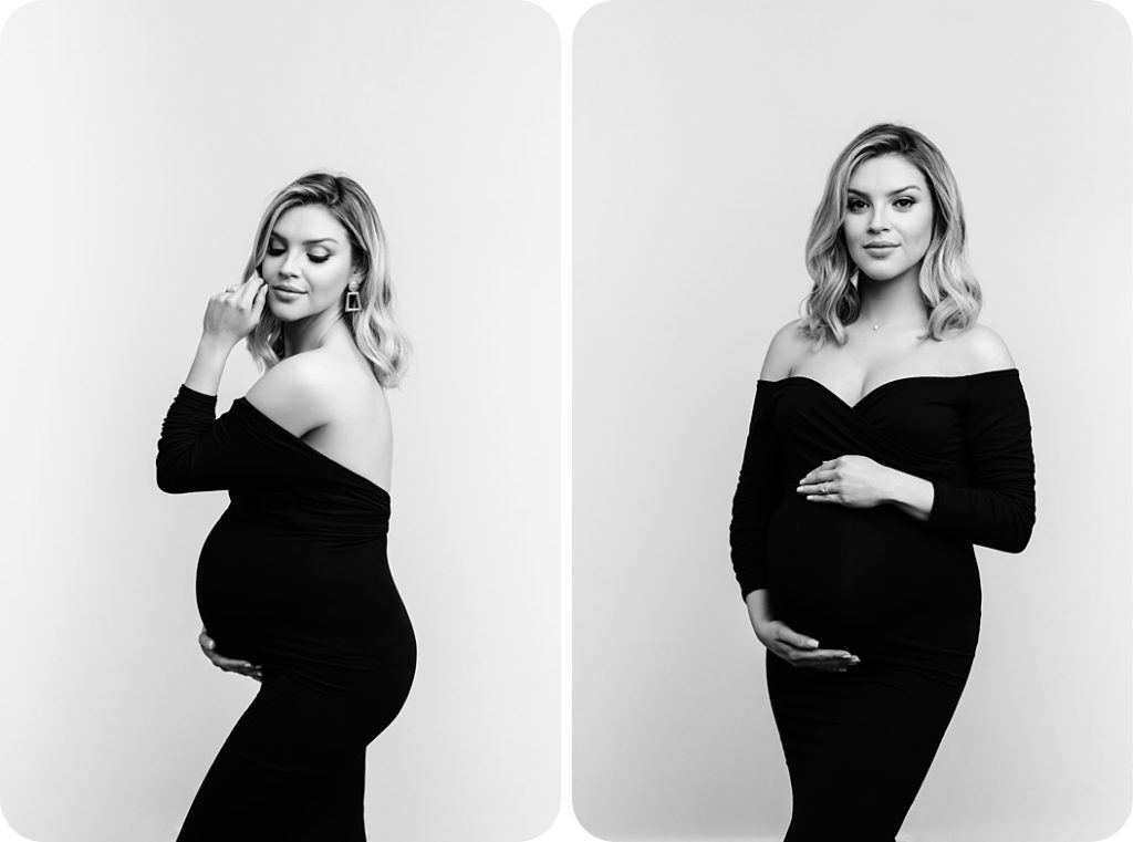 mom in sleek black dress poses for maternity portraits