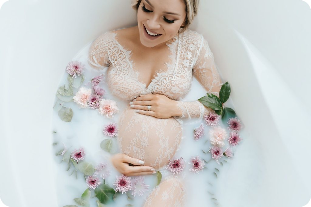 high fashion maternity portraits with milk bath