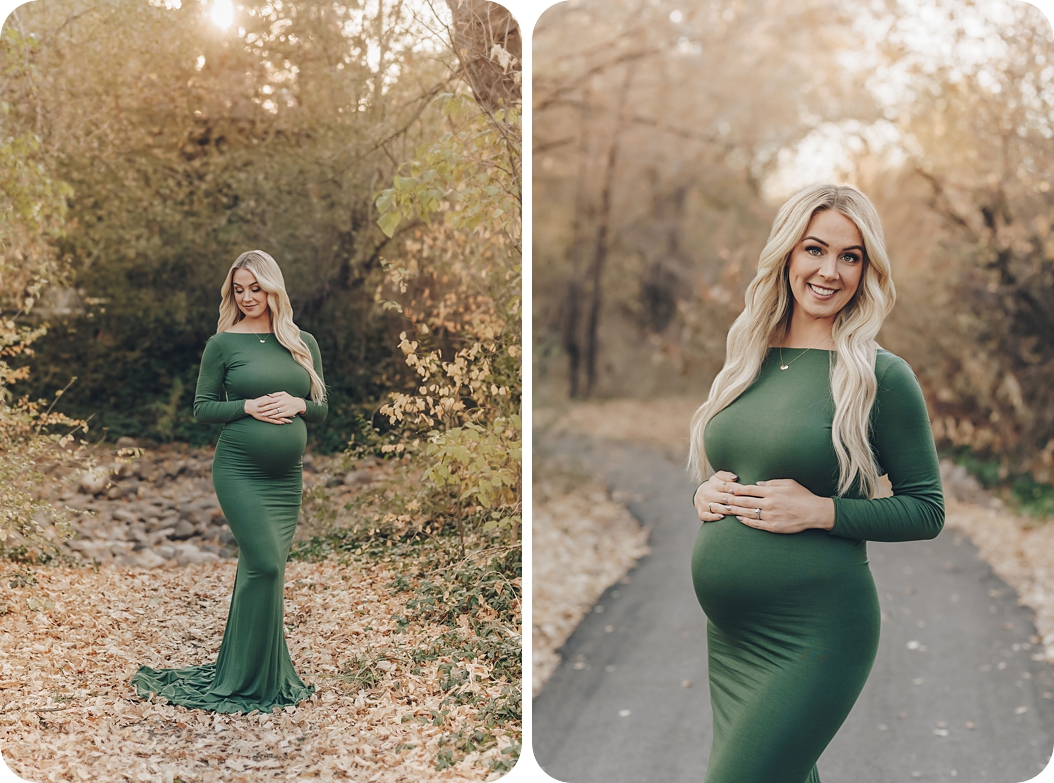 mom in sage green maternity gown poses in Utah photographed by Beka Price Photography 