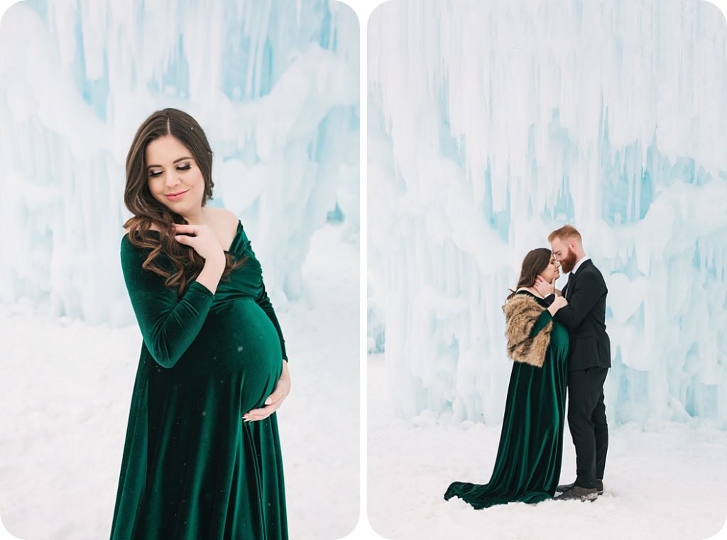 mom holding baby belly wearing green velvet maternity gown poses in Utah 