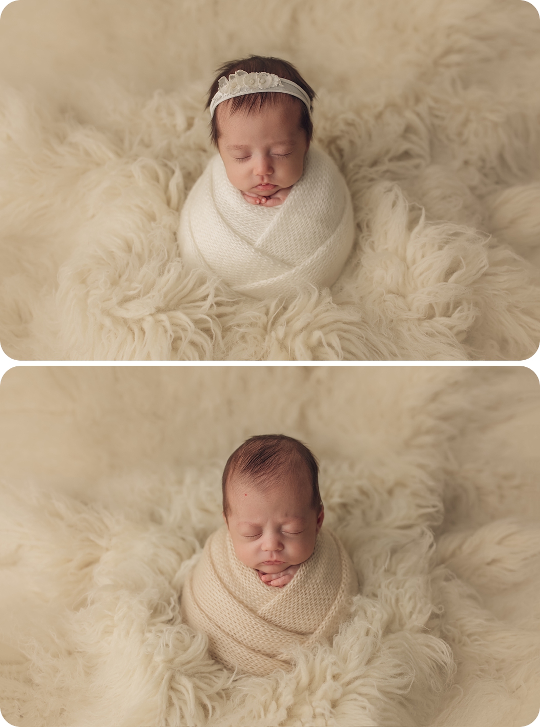 twins pose wrapped in ecru blanket  during newborn photos in Utah