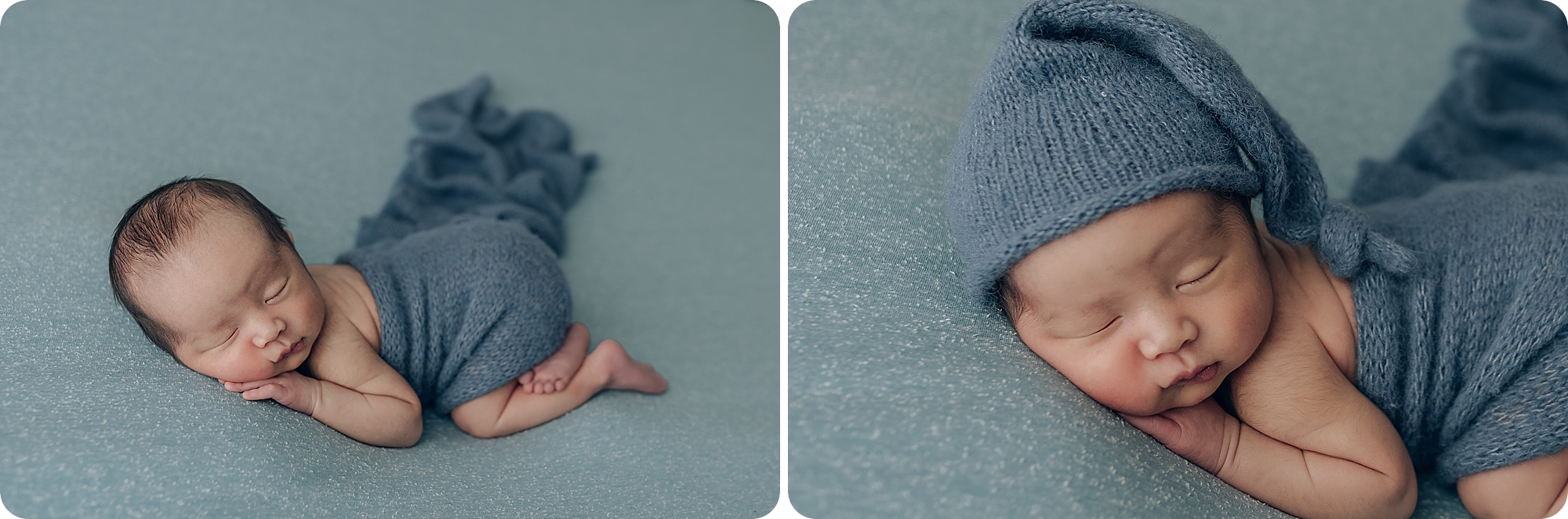 baby boy in blue wrap and knit cap sleeps during newborn portraits