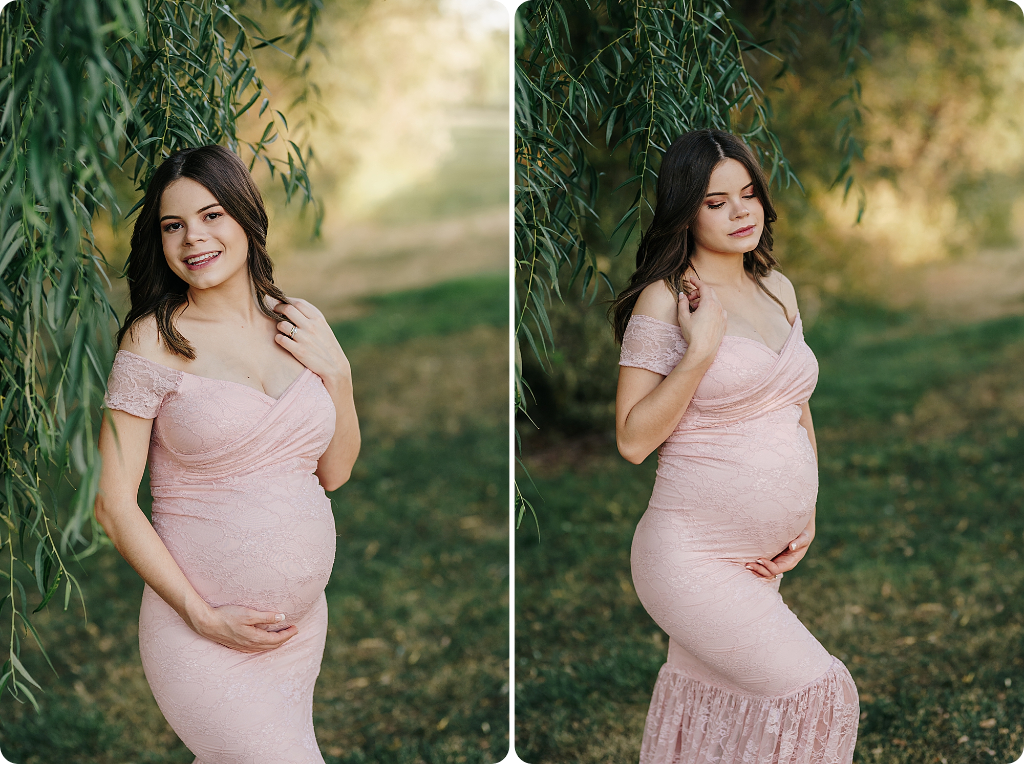Utah maternity session at sunset with mom in pink gown