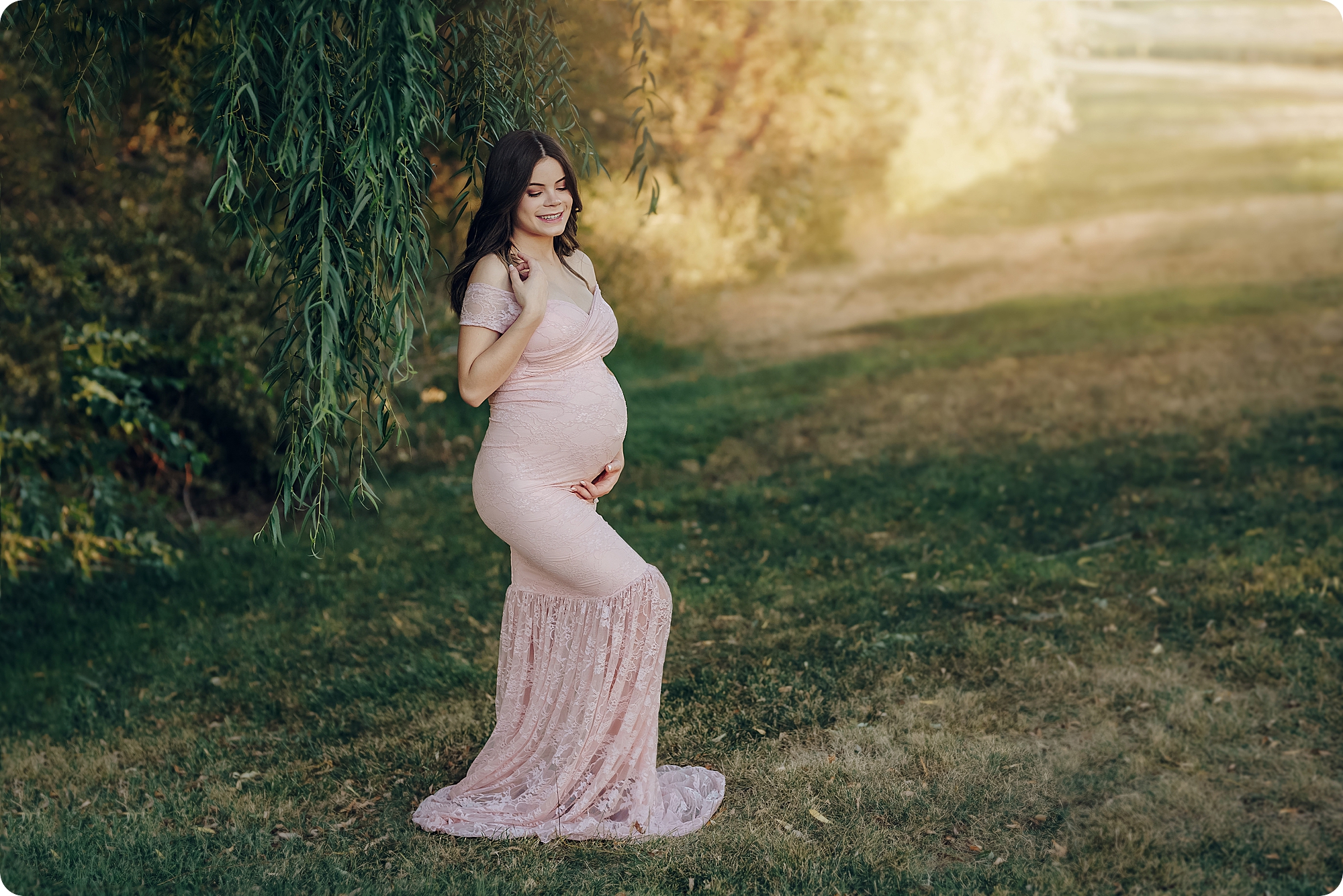Fall Maternity Portraits at sunset on hill with couture maternity photographer Beka Price Photography