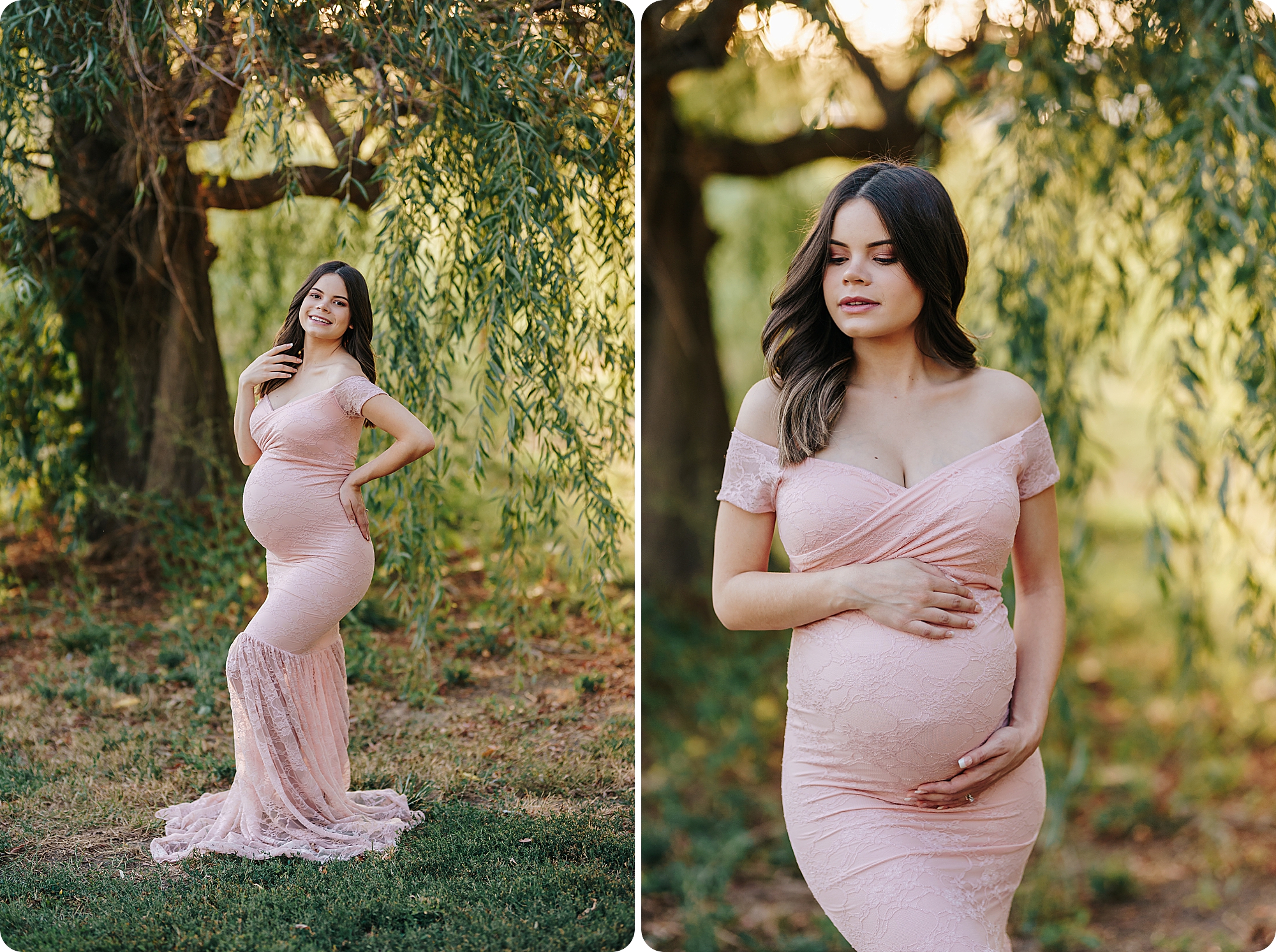 mom holds baby belly during maternity portraits at sunset
