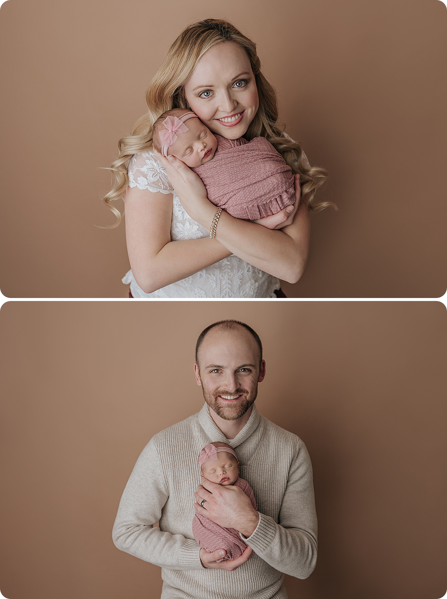 parents snuggle newborn baby girl during cozy studio newborn portraits in Utah studio