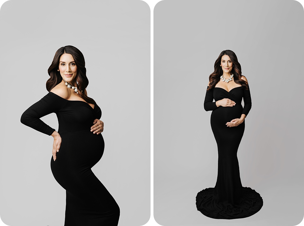 Classic Studio Maternity Portraits with mom in sleek black gown with statement necklace 