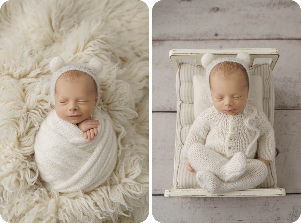 baby boy sleeps during cream & sage newborn portraits in Holladay UT