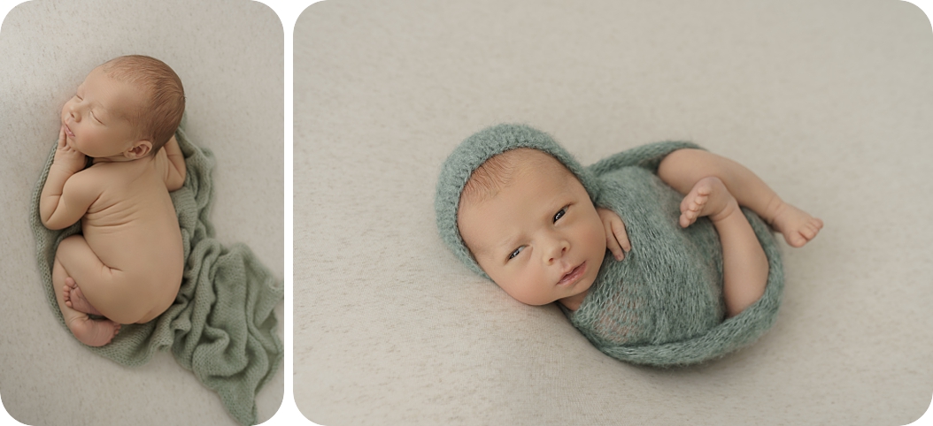 newborn in green wraps for cream & sage newborn portraits