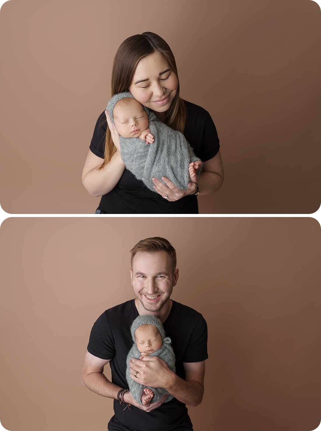 mom and dad hold newborn baby boy during Utah studio portraits 