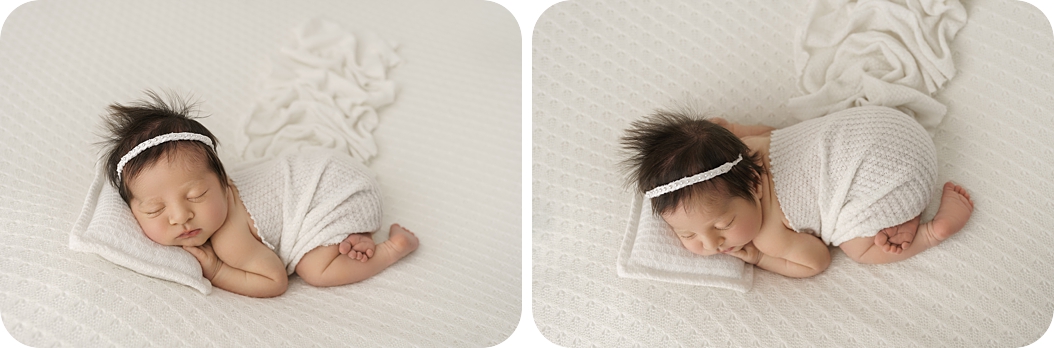baby girl sleeps on ivory blanket during studio timeless newborn portraits