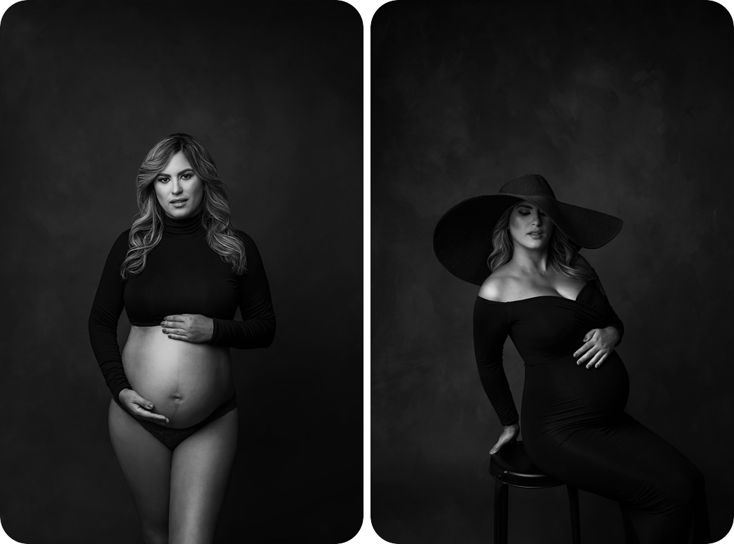 mother in black gown rests on stool during Utah maternity portraits 
