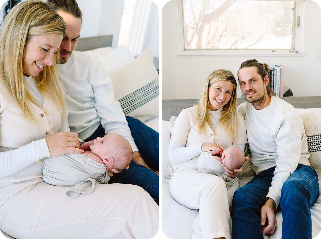 parents cuddle baby girl during Lifestyle Newborn Session in Park City
