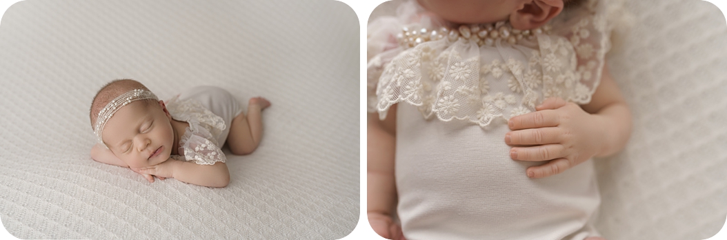 baby in white romper with lace collar sleeps during spring studio newborn session