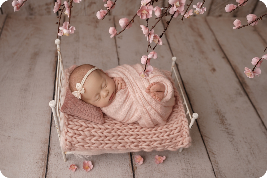 baby girl in pink wrap sleeps on little bed with pink flowers overhead during spring studio newborn session