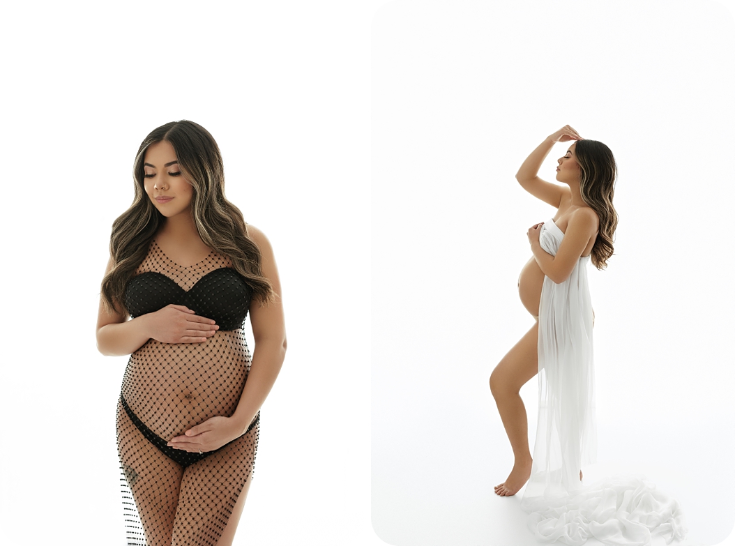 pregnant woman in black and white outfits photographed during studio maternity portraits