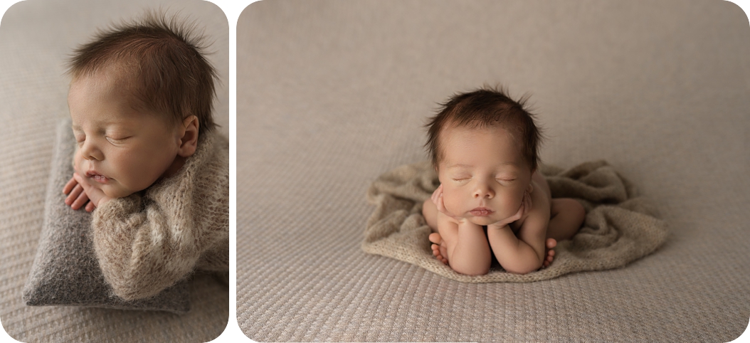 preemie baby sleeps on brown blanket during classic newborn portraits in studio