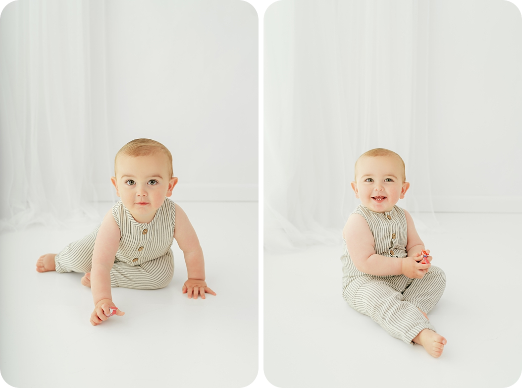 classic birthday portraits for one year old in striped onesie photographed by Utah photographer 
