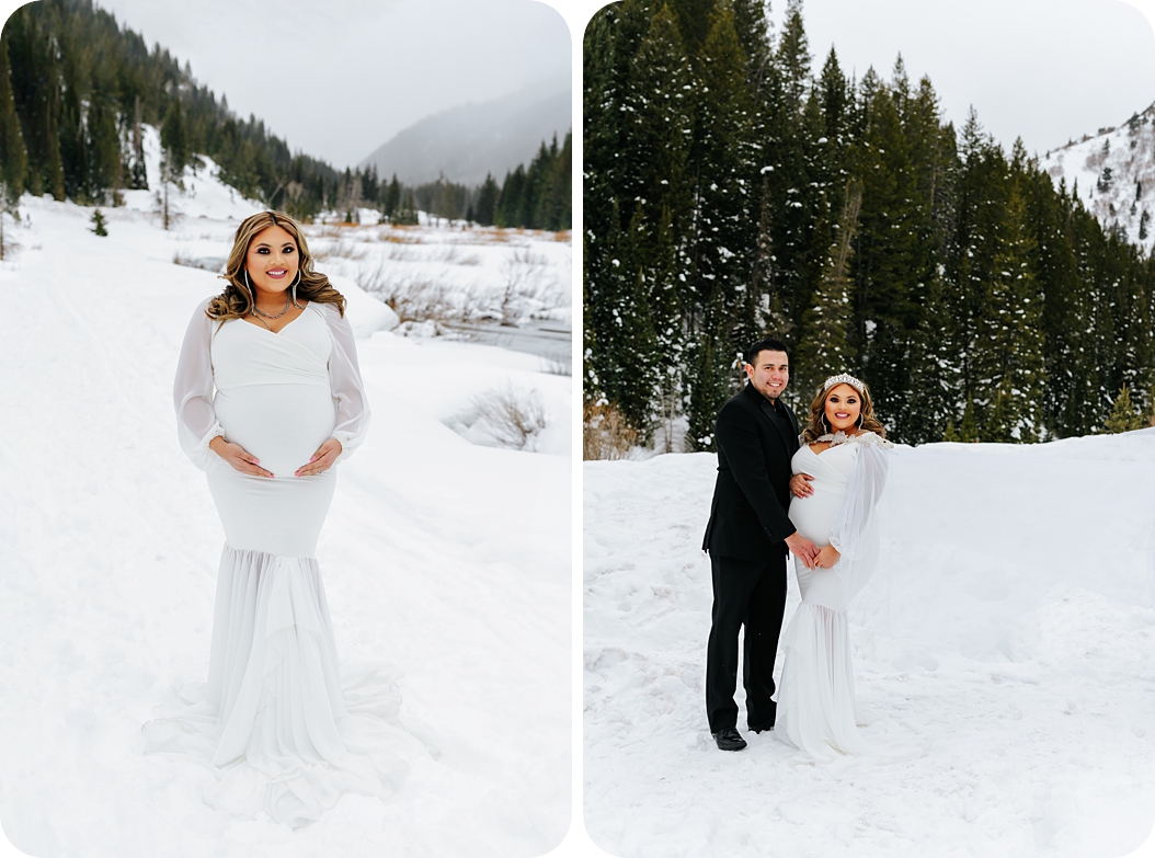 parents pose together in the snow during Dramatic Winter Maternity Portraits
