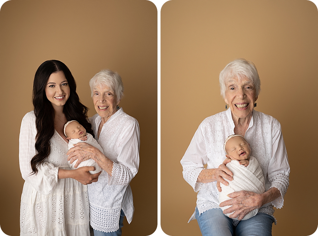 mom poses with grandmother and daughter during newborn photos