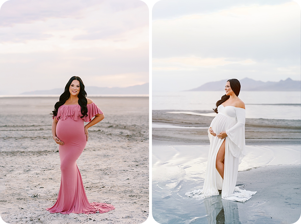 woman poses in two maternity gowns during Lakeside Maternity Portraits