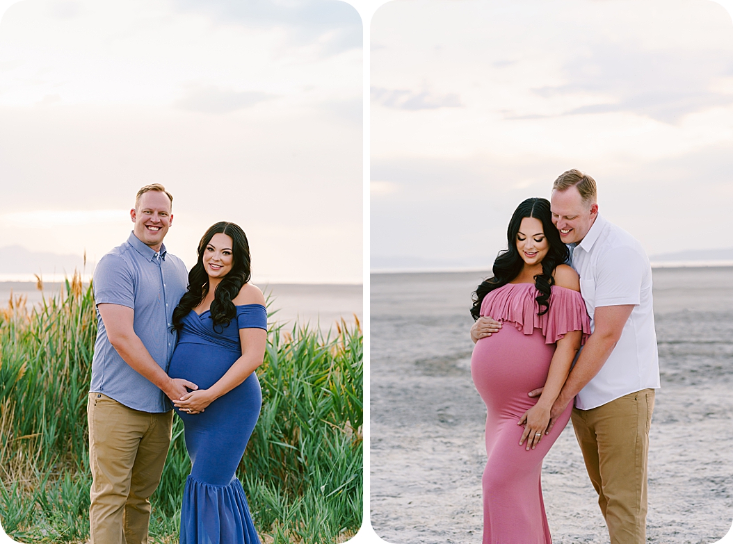 Utah couple looks down at mom's belly during Lakeside Maternity Portraits