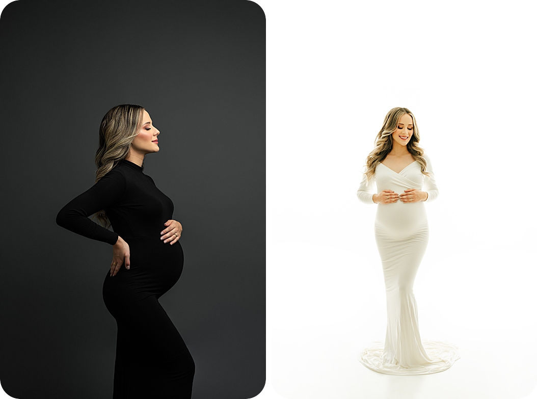 expecting mom poses in chic maternity gown