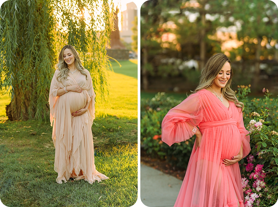 mom poses in garden holding belly during maternity photos