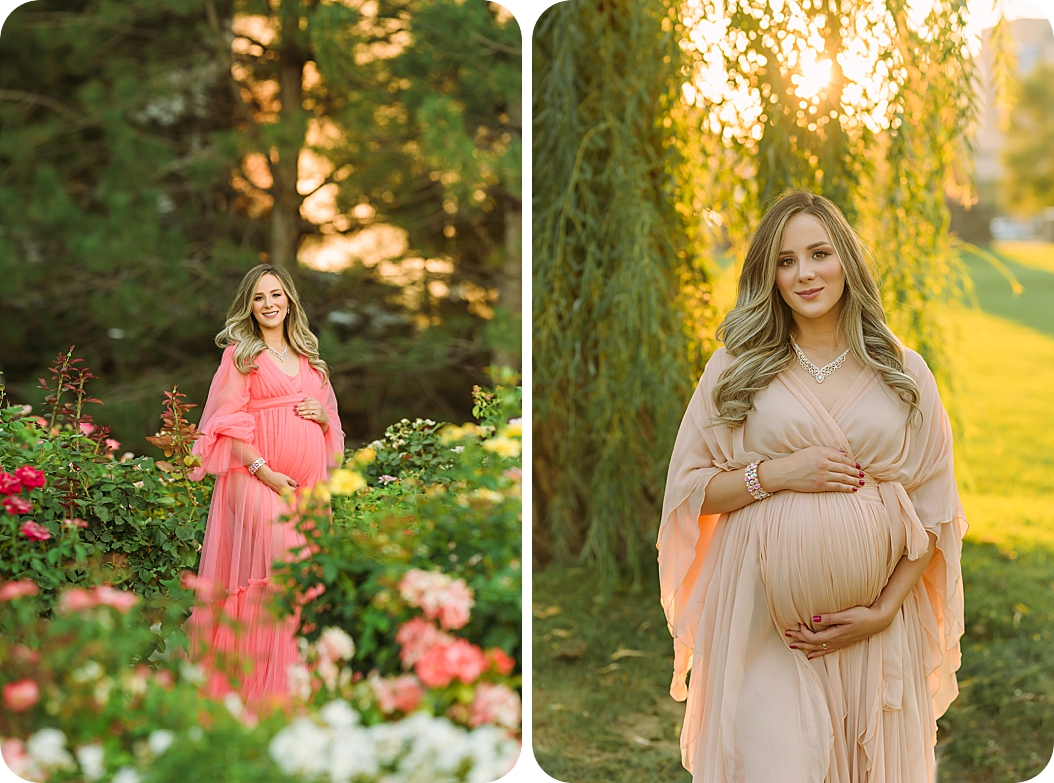 mom poses during garden maternity session