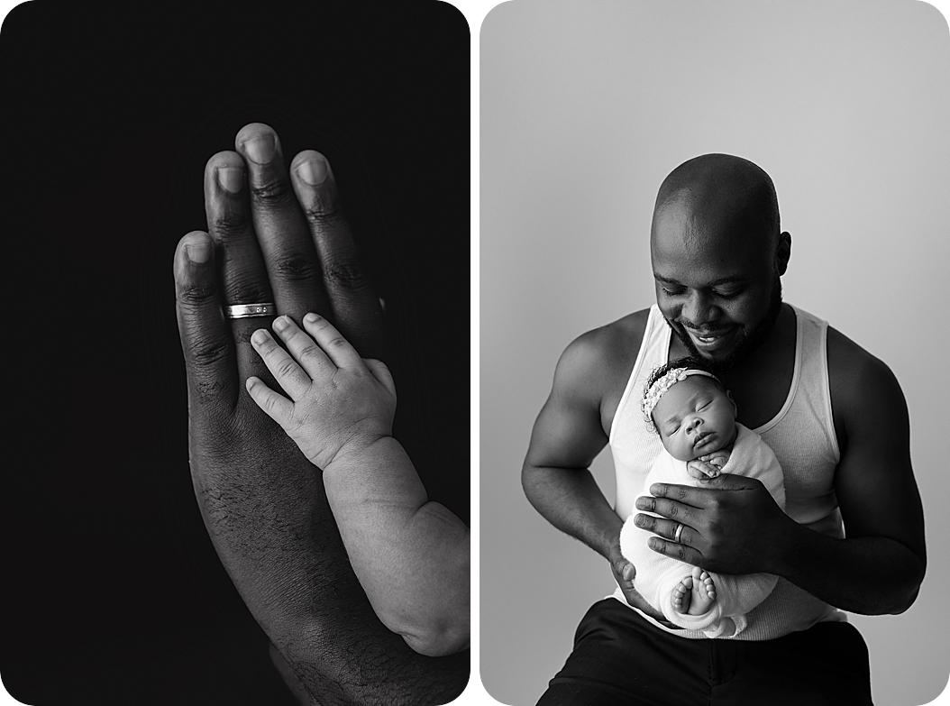 dad holds baby girl during newborn photos in studio