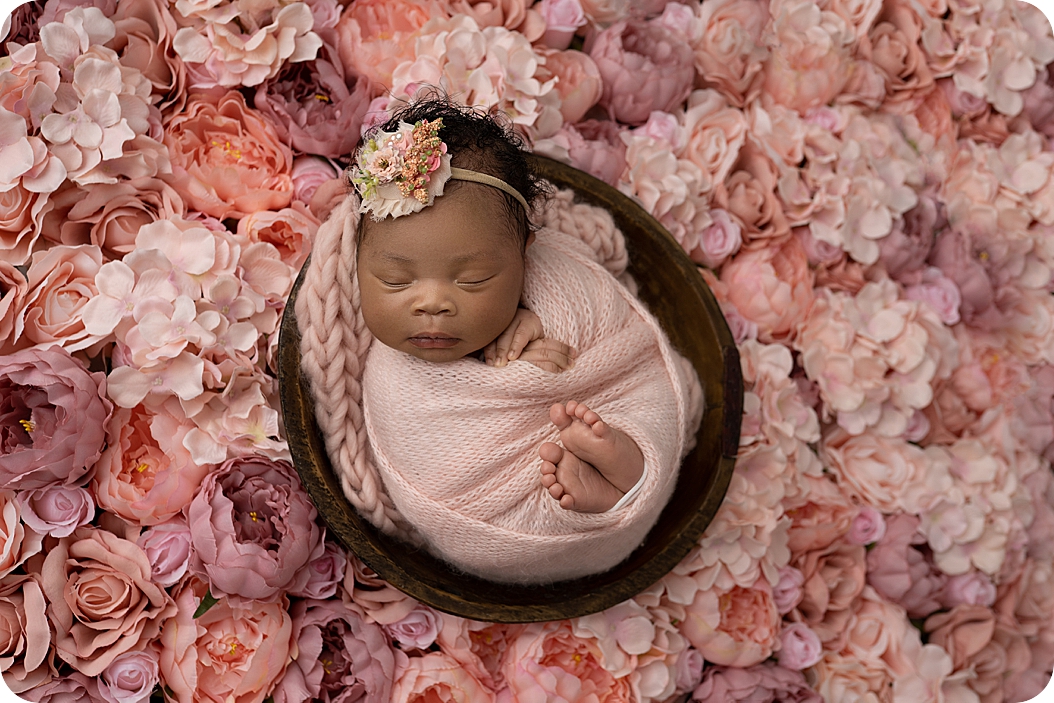 baby lays in bowl on flowers during stylish newborn portraits