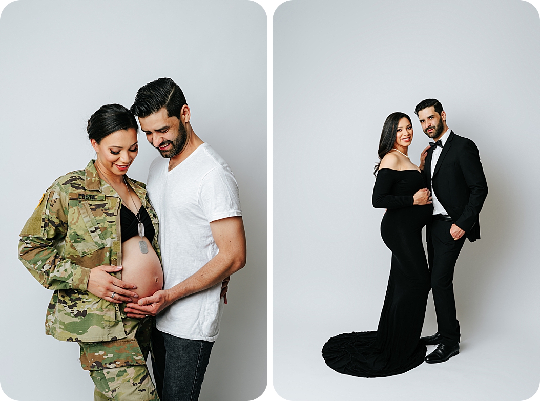 husband and wife pose in studio during maternity session