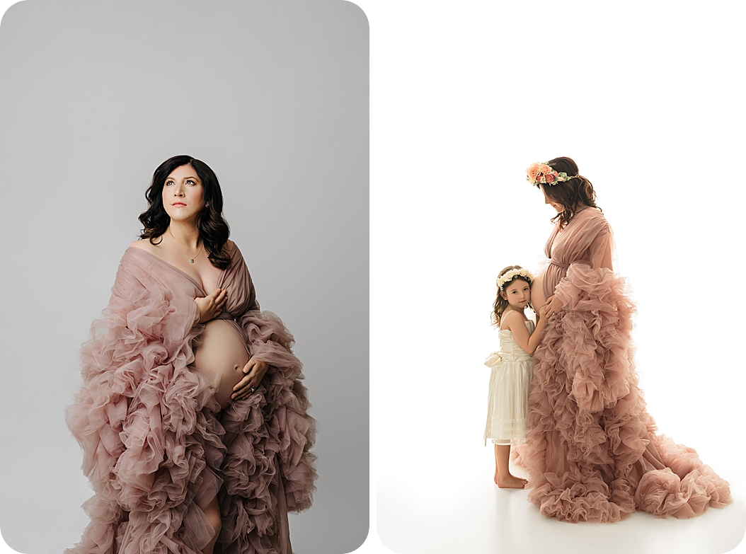 mom wears pink couture gown for maternity portraits 