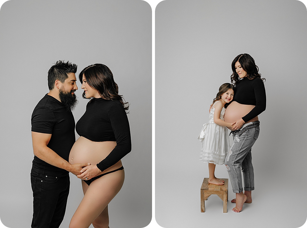family hugs mom during maternity portraits in Utah studio