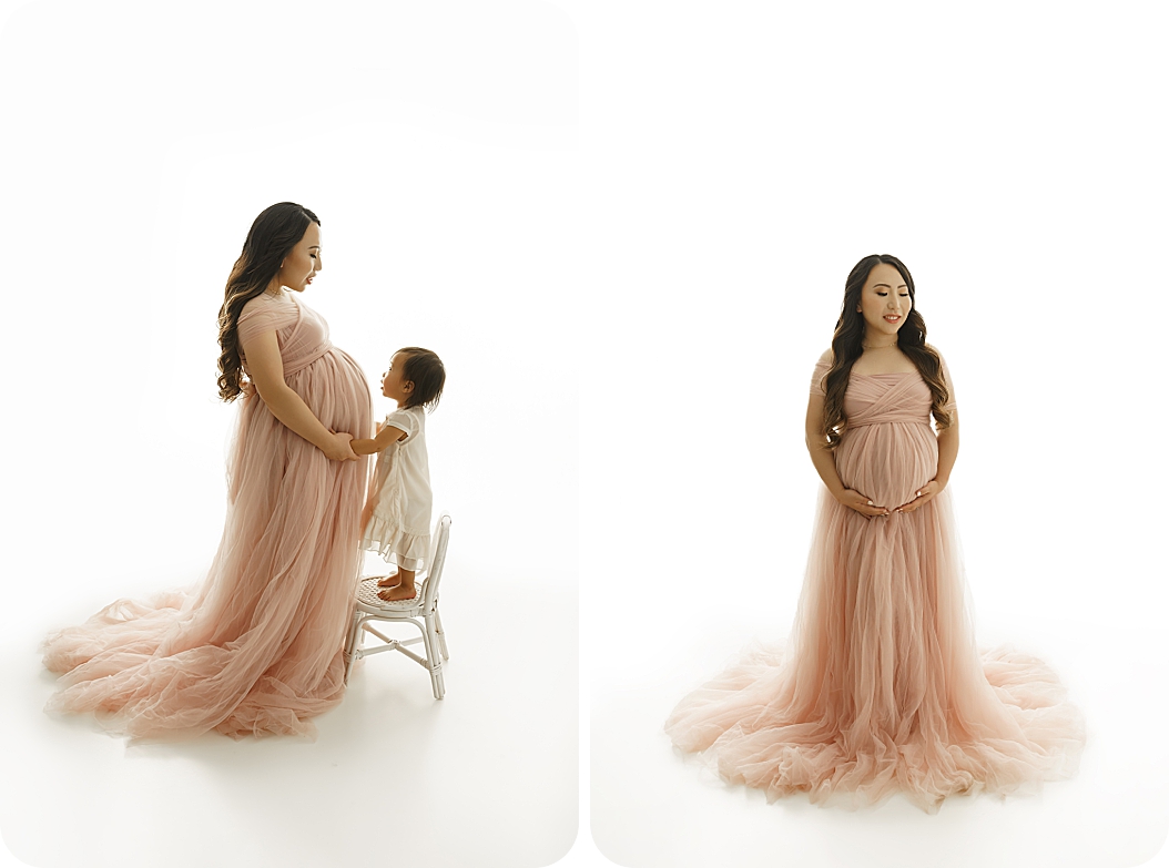 Timeless Studio Maternity Session for mom in pale pink gown