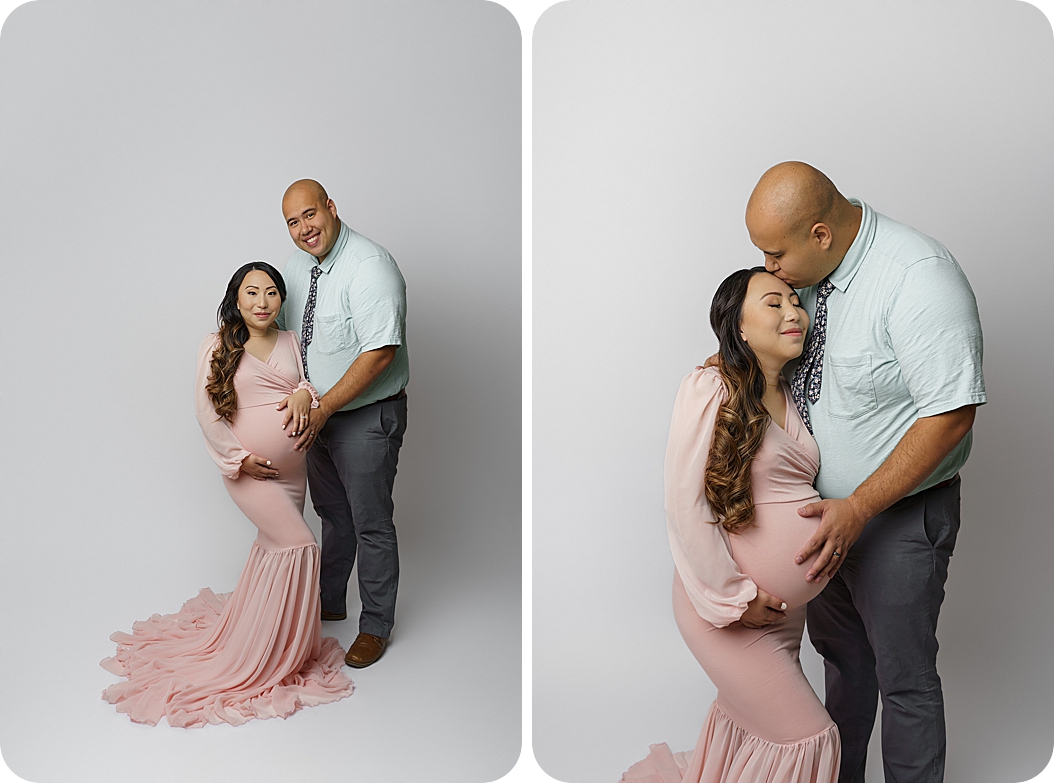 expecting parents hug in studio during Timeless Studio Maternity Session