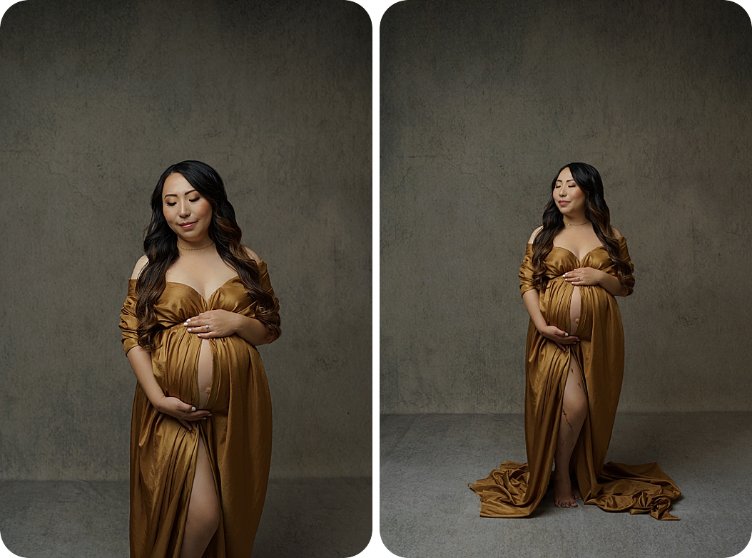 Timeless Studio Maternity Session for woman with gold fabric draped over belly